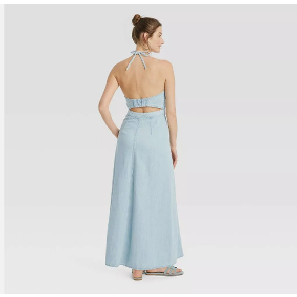 Women's Halter Neck Denim Maxi Dress - Universal Thread Light Blue Size 10 NWT - Picture 1 of 8